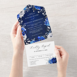 Royal Blue White Metallic Floral Wedding Al All In One Einladung