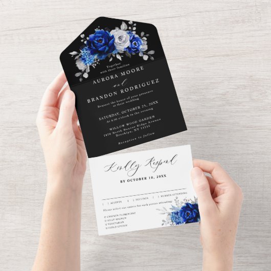 Royal Blue White Metallic Floral Wedding Al All In One Einladung (Abreißen)