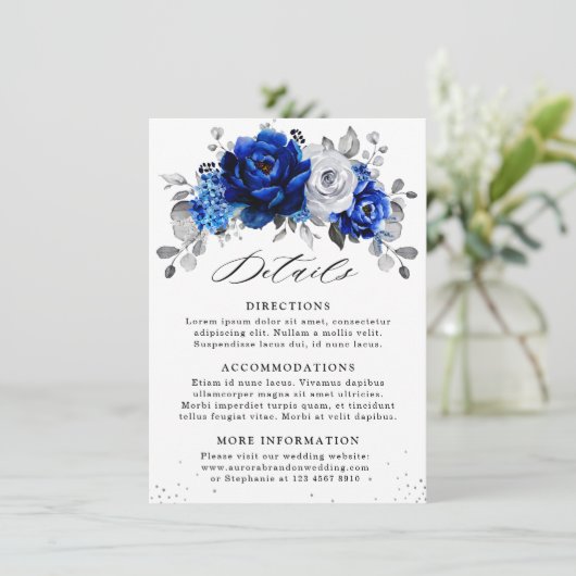 Royal Blue White Metallic Silver Floral Details En Begleitkarte (Stehend Vorderseite)