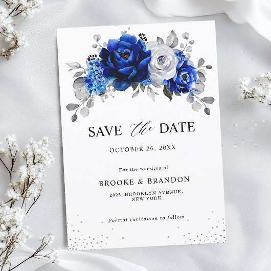 Royal Blue White Metallic Silver Floral Save The Date