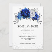Royal Blue White Metallic Silver Floral Save The Date (Vorderseite)