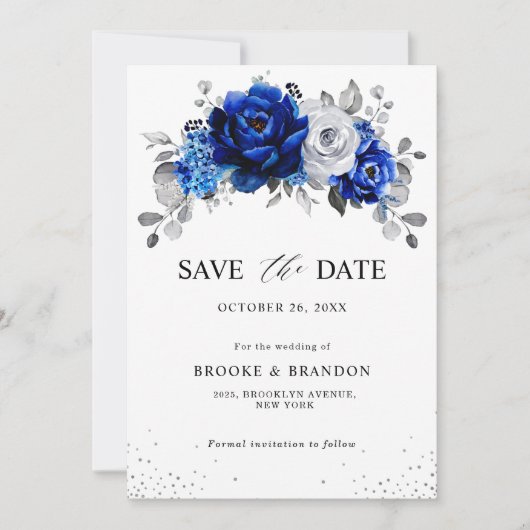 Royal Blue White Metallic Silver Floral Save The Date (Vorderseite)