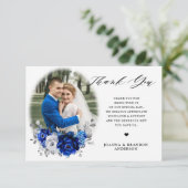 Royal Blue White Metallic Silver Floral Wedding Dankeskarte (Stehend Vorderseite)