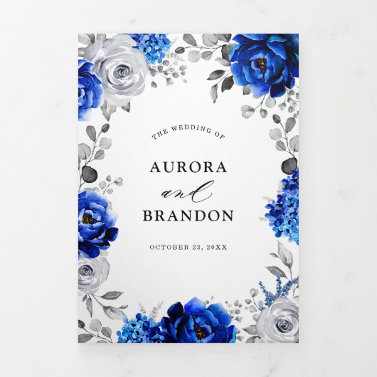 Royal Blue White Metallic Silver Floral Wedding Dreifach Gefaltete Ankündigung (Cover)