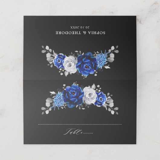Royal Blue White Metallic Silver Floral Wedding Pl Platzkarte (Außenseite Aufgefaltet)