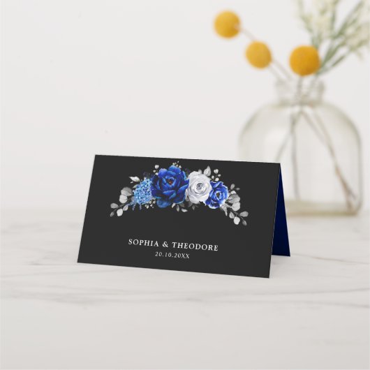 Royal Blue White Metallic Silver Floral Wedding Pl Platzkarte (Rückseite)