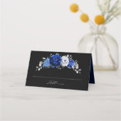 Royal Blue White Metallic Silver Floral Wedding Pl Platzkarte (Vorderseite)