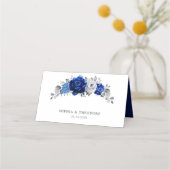 Royal Blue White Metallic Silver Floral Wedding Platzkarte (Rückseite)