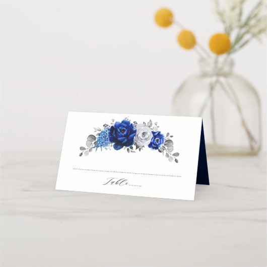 Royal Blue White Metallic Silver Floral Wedding Platzkarte (Vorderseite)
