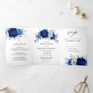 Royal Blue White Metallic Silver Floral Wedding Tr Dreifach Gefaltete Ankündigung