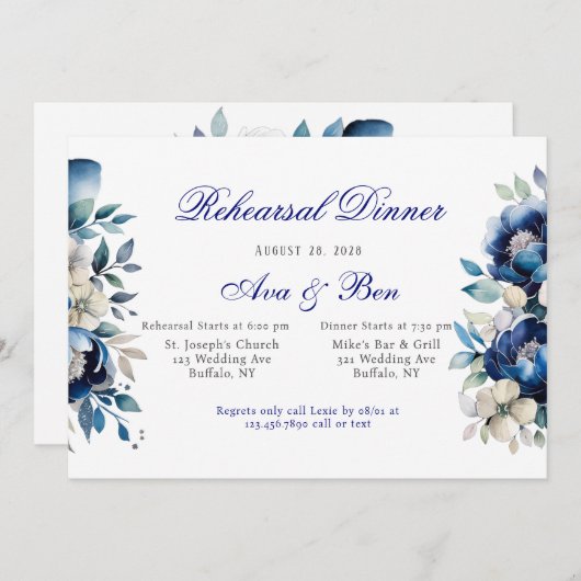 Royal Blue White Peony Silver Probe Dinner Einladung (Vorne/Hinten)