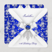Royal Blue White Rose Damask Pearl Birthday Einladung (Vorne/Hinten)