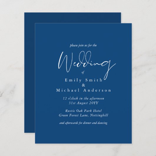 Royal Blue White Script Budget Hochzeit (Vorne/Hinten)