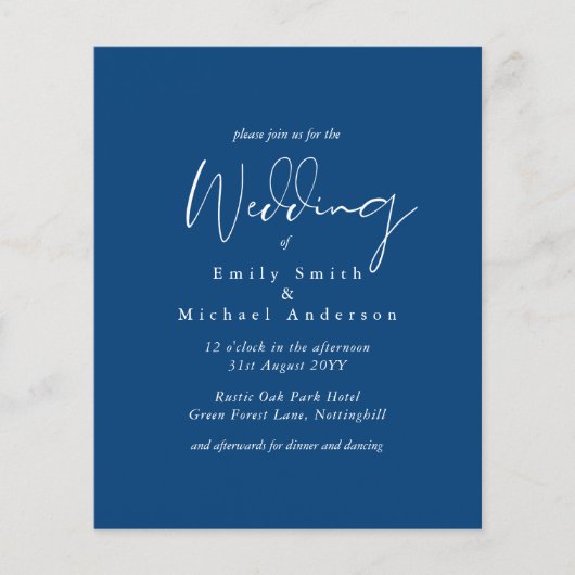 Royal Blue White Script Budget Hochzeit (Vorderseite)