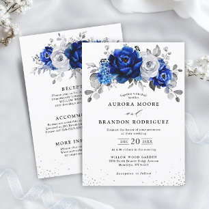 Royal Blue White Silver All in One Floral Wedding Einladung