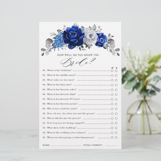 Royal Blue White Silver Brautparty Game (Stehend Vorderseite)