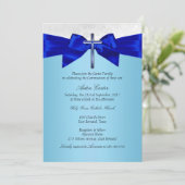 Royal Blue White Silver Cross Boys Communion Einladung (Stehend Vorderseite)