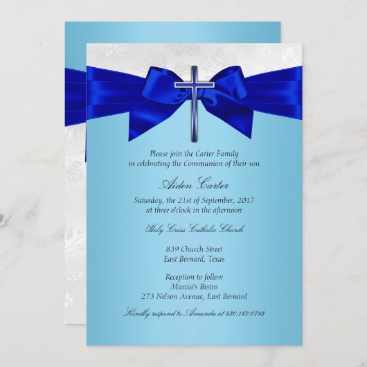 Royal Blue White Silver Cross Boys Communion Einladung (Vorne/Hinten)