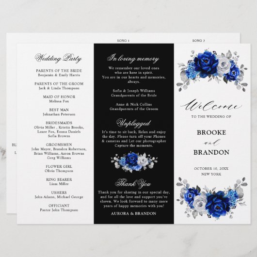 Royal Blue White Silver Dreifach Hochzeitsprogramm (Vorne/Hinten)