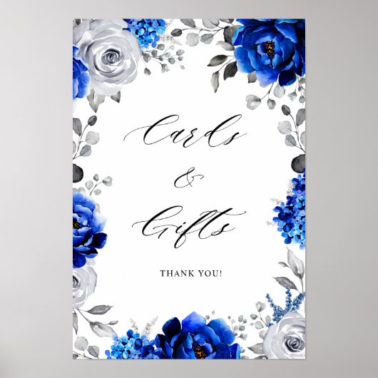 Royal Blue White Silver Floral Cards & Gifts Poste Poster (Vorne)