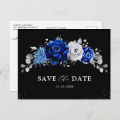 Royal Blue White Silver Floral Save the Date Postc Postkarte (Vorne/Hinten)