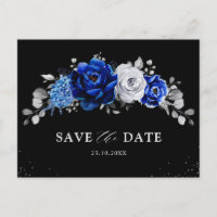 Royal Blue White Silver Floral Save the Date Postc