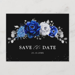 Royal Blue White Silver Floral Save the Date Postc Postkarte