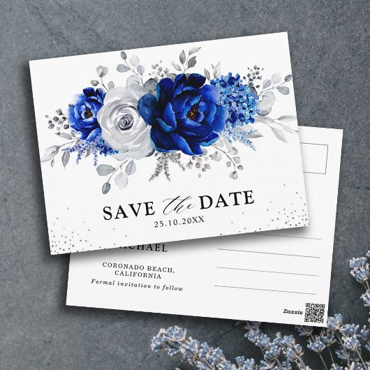 Royal Blue White Silver Floral Save the Date Postkarte