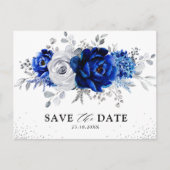 Royal Blue White Silver Floral Save the Date Postkarte (Vorderseite)