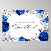 Royal Blue White Silver Floral Unterschreiben Sie Poster (Vorne)