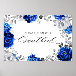 Royal Blue White Silver Floral Unterschreiben Sie Poster