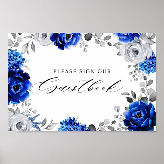 Royal Blue White Silver Floral Unterschreiben Sie  Poster (Vorne)