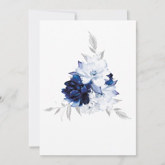 Royal Blue White Silver Floral Wedding Einladung (Rückseite)