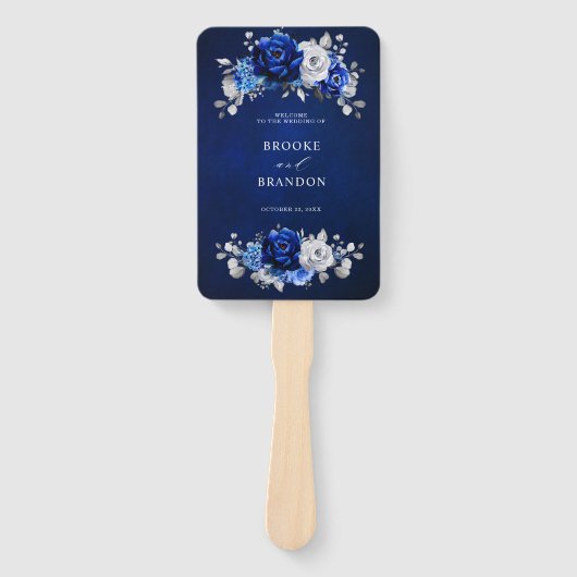 Royal Blue White Silver Floral Wedding Program Fächer (Vorderseite)