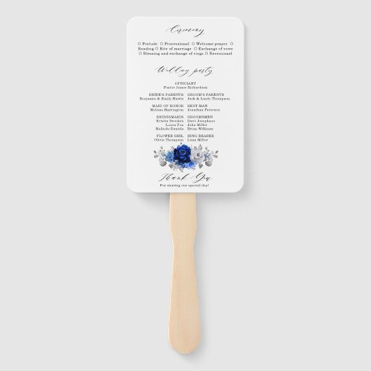 Royal Blue White Silver Floral Wedding Program Fächer (Rückseite)