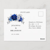 Royal Blue White Silver Floral Wedding RSVP Postkarte (Rückseite)