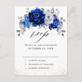 Royal Blue White Silver Floral Wedding RSVP Postkarte (Vorderseite)