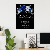 Royal Blue White Silver Floral Wedding Welcome Pos Poster (Heimbüro)