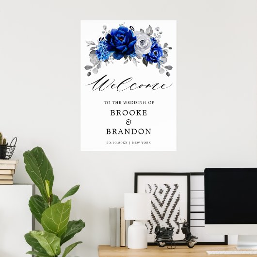 Royal Blue White Silver Floral Wedding Willkommen Poster (Heimbüro)