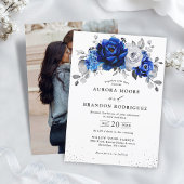Royal Blue White Silver Foto Floral Wedding Einladung