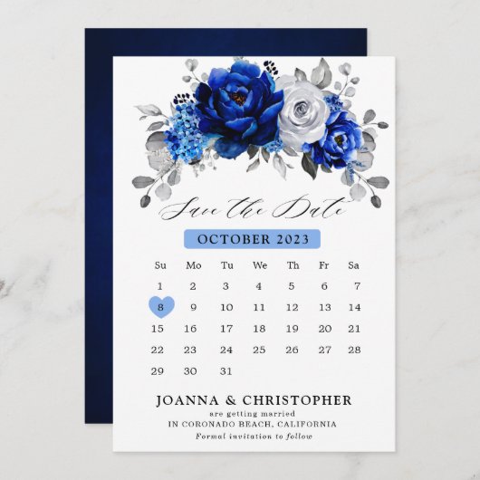 Royal Blue White Silver Metallic Floral Kalender S Save The Date (Vorne/Hinten)