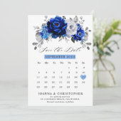 Royal Blue White Silver Metallic Floral Kalender S Save The Date (Stehend Vorderseite)