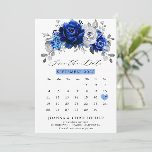 Royal Blue White Silver Metallic Floral Kalender S Save The Date (Stehend Vorderseite)
