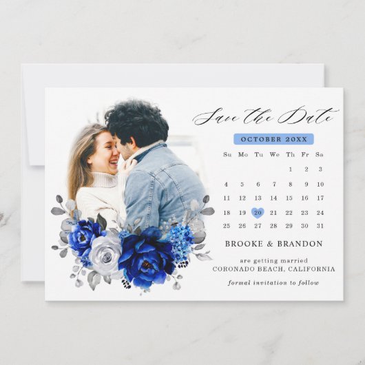Royal Blue White Silver Metallic Floral Kalender Save The Date (Vorderseite)