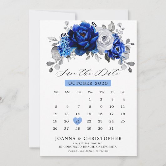 Royal Blue White Silver Metallic Floral Kalender Save The Date (Vorderseite)