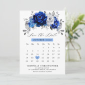 Royal Blue White Silver Metallic Floral Kalender Save The Date (Stehend Vorderseite)