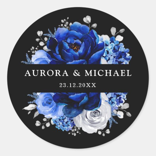 Royal Blue White Silver Metallic Floral Wedding Cl Runder Aufkleber (Vorderseite)