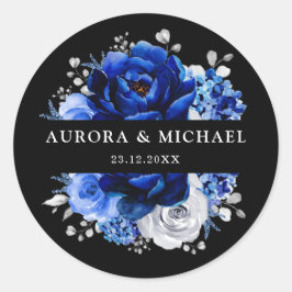 Royal Blue White Silver Metallic Floral Wedding Cl Runder Aufkleber