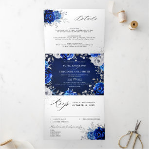 Royal Blue White Silver Metallic Floral Wedding Dreifach Gefaltete Ankündigung