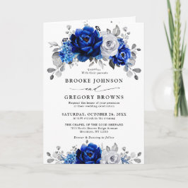Royal Blue White Silver Metallic Floral Wedding Einladung
